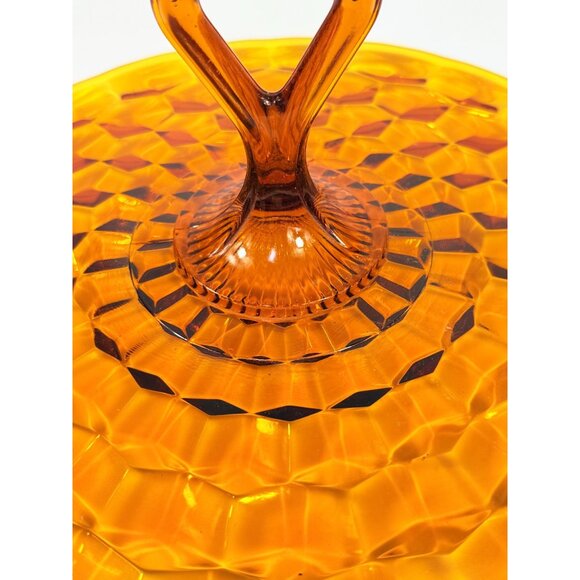 Amber Serving Tray With Handle | Indiana Colony Cubist Bube Diamond Pattern 12" - Picture 15 of 16